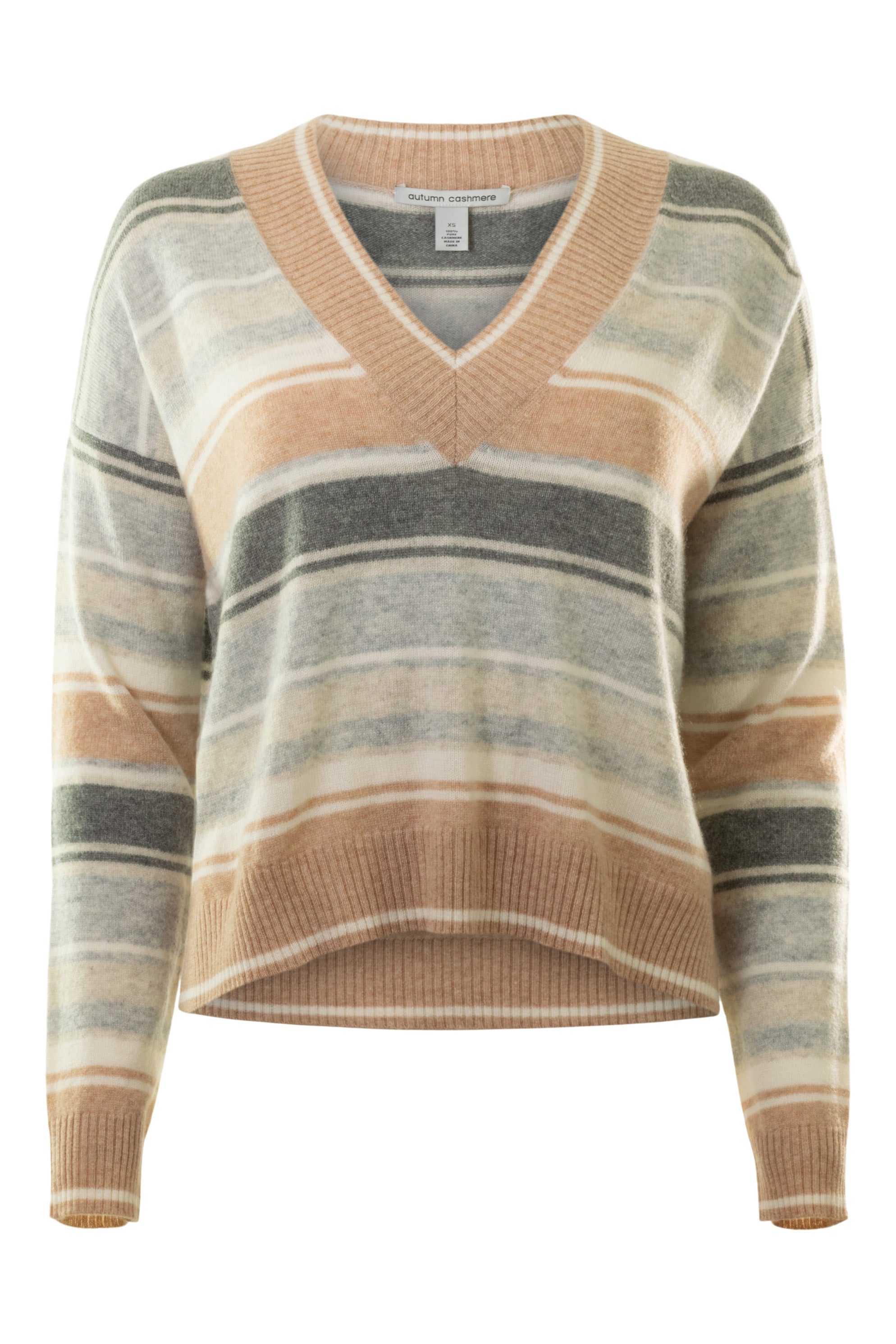 Autumn Cashmere Multi Stripe Vneck Sweater in Neutral Combo