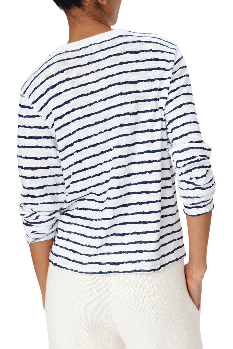 ATM Slub Jersey with Stripe Long Sleeve Destroyed Wash Crop Tee in White-Midnight