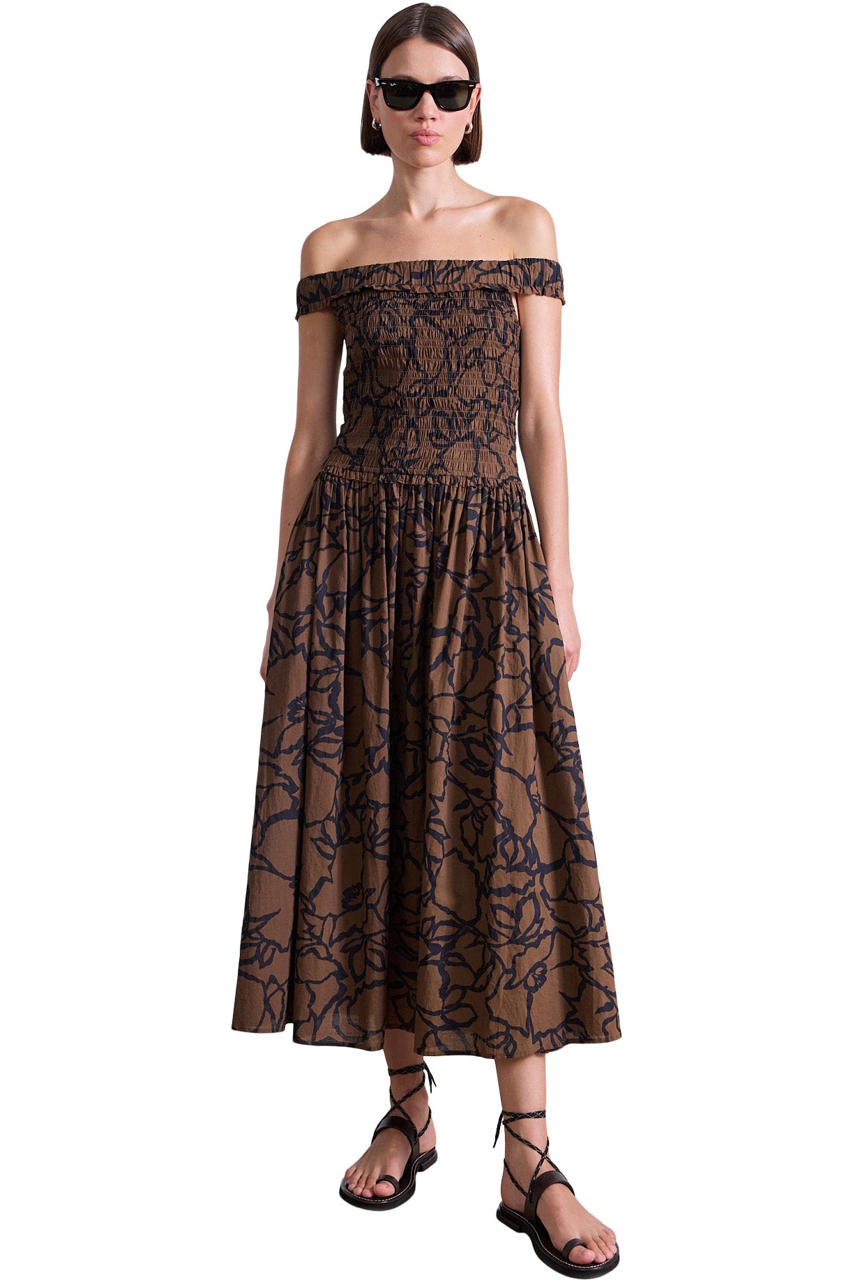 Apiece Apart Britt Off Shoulder Dress in Large Lace Floral Chocolate