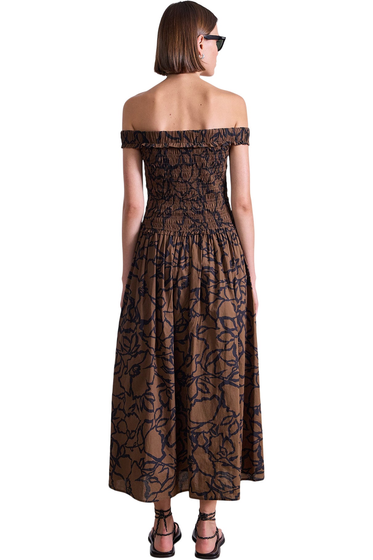 Apiece Apart Britt Off Shoulder Dress in Large Lace Floral Chocolate