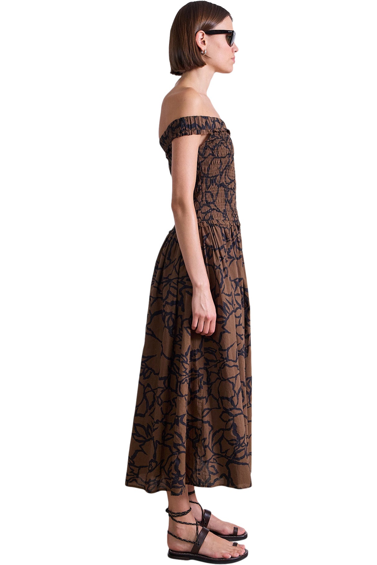 Apiece Apart Britt Off Shoulder Dress in Large Lace Floral Chocolate