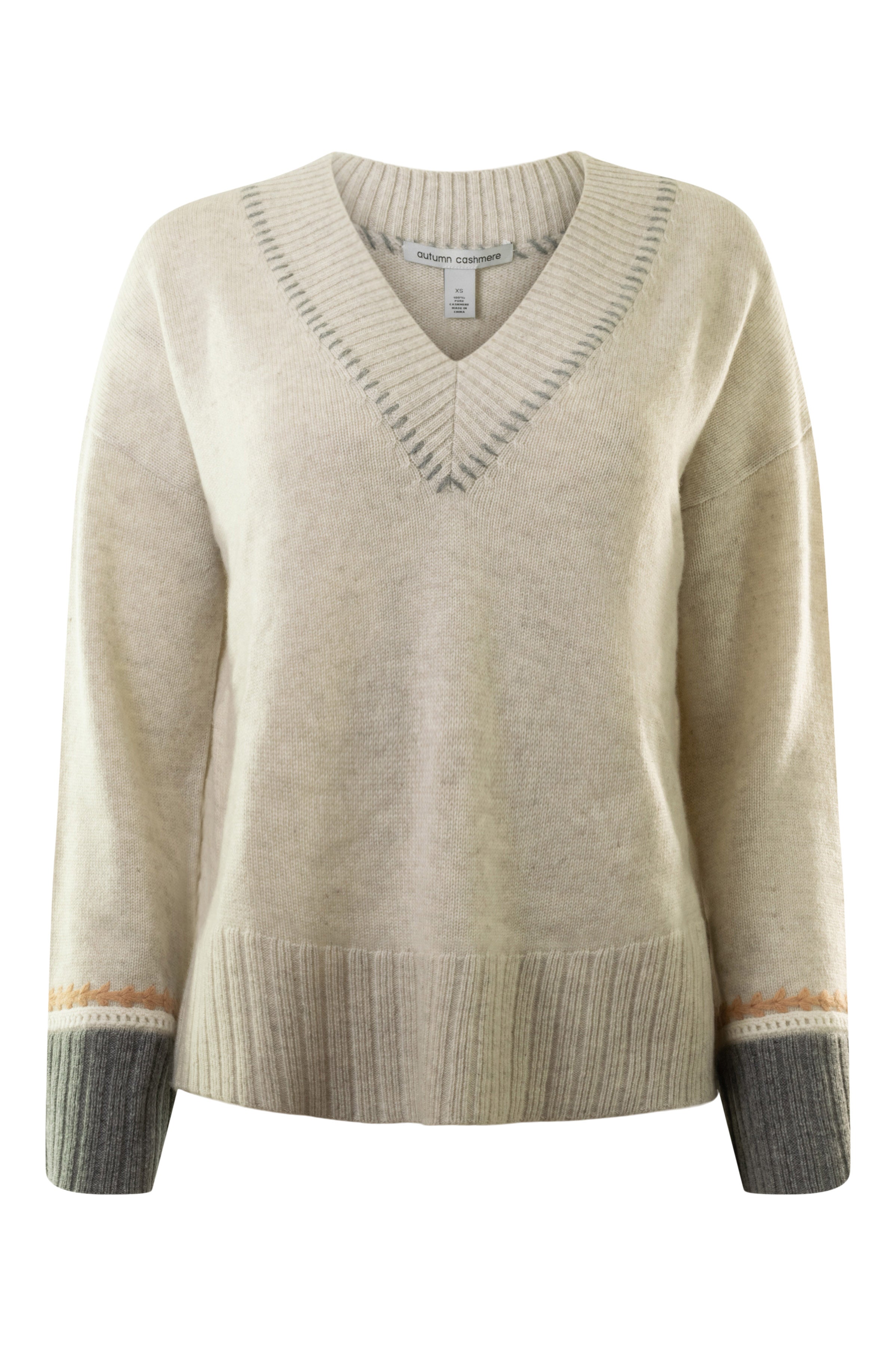 Autumn Cashmere Oversized V neck with Crochet Details in Mojave Neut