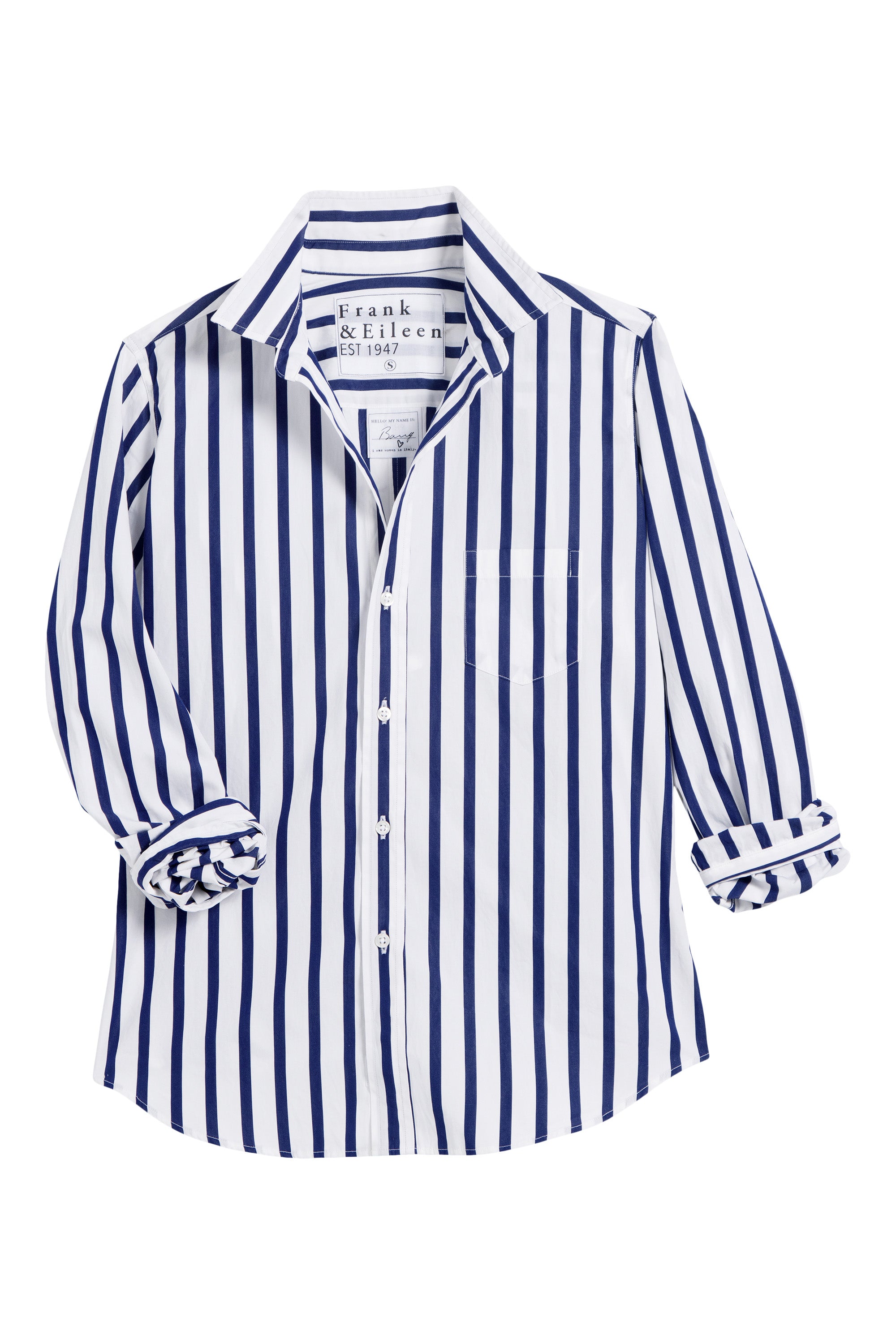 Frank & Eileen Barry Tailored Button Up Shirt in Wide Navy Stripe