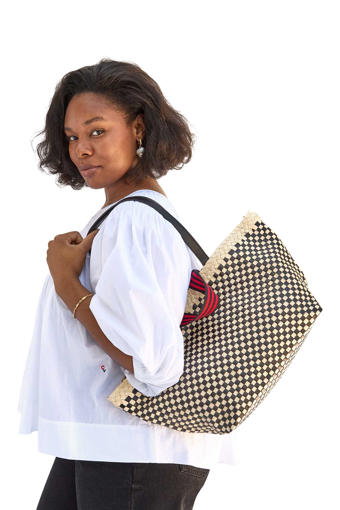 Clare V. Bateau Tote in Cream & Black Border Woven Checker