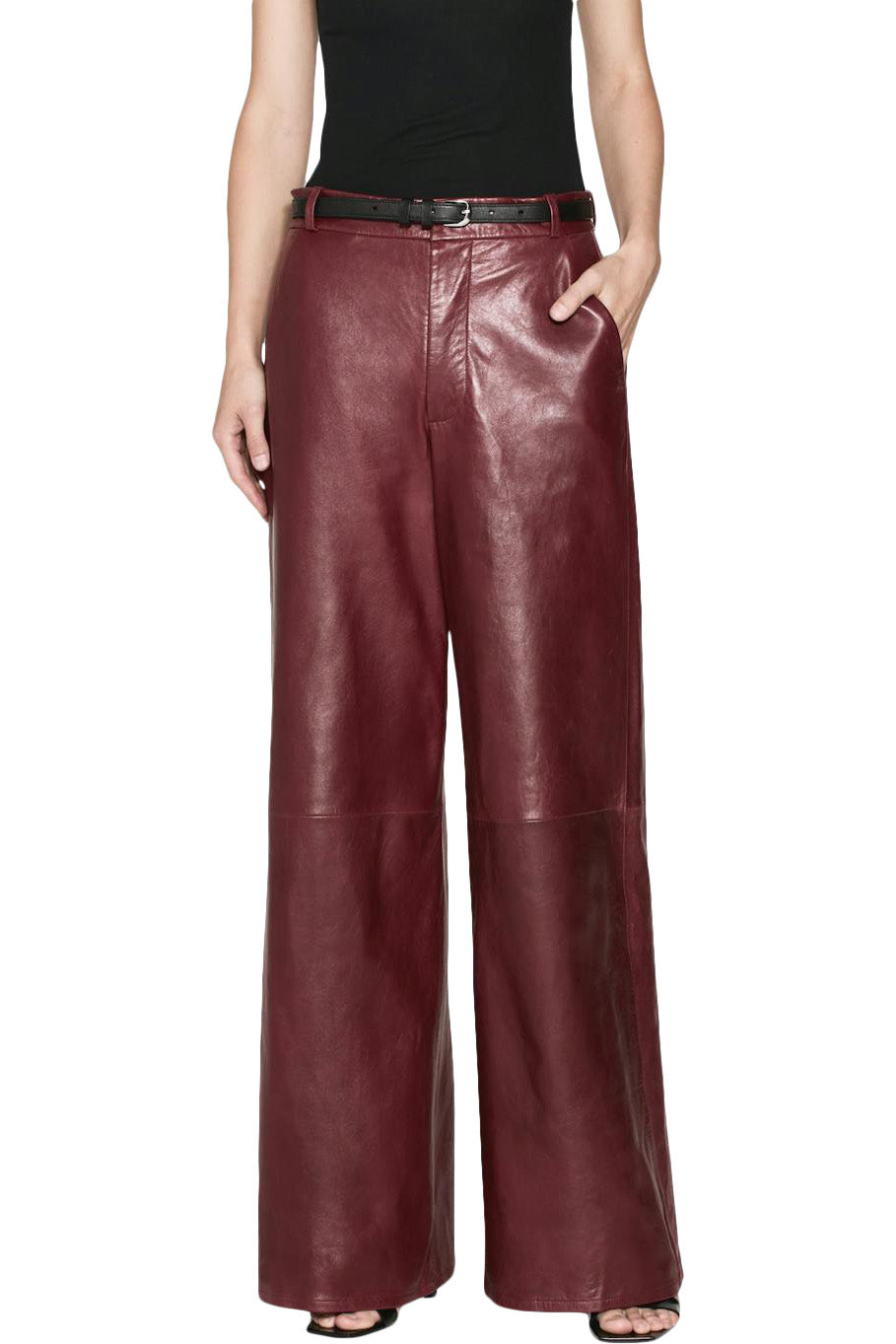 Frame Denim Wide Leather Trousers in Syrah Red