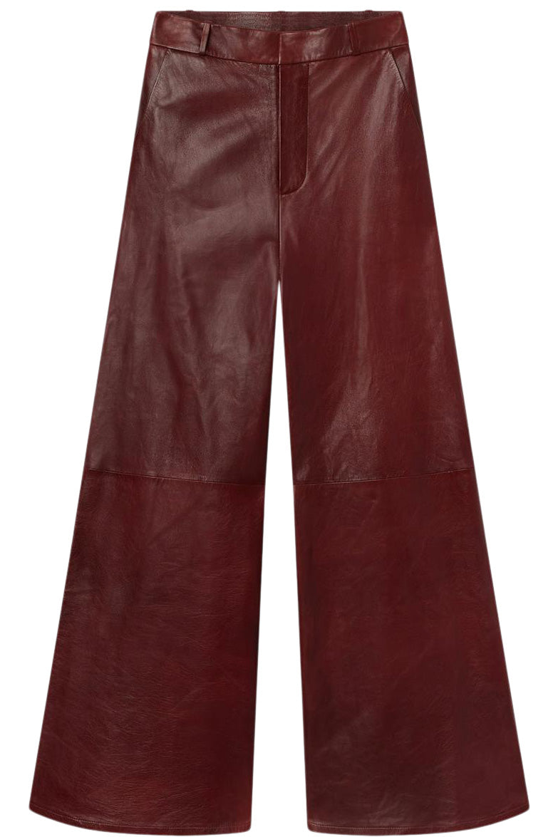 Frame Denim Wide Leather Trousers in Syrah Red