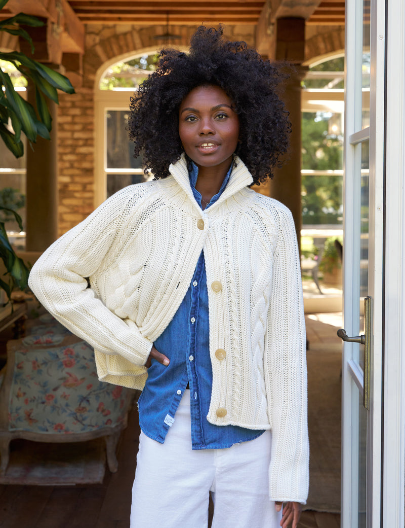 Frank & Eileen Mini Cotswolds 
Cropped Cable Knit Cardigan in Ivory