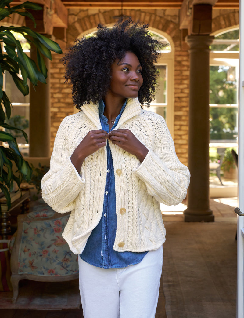 Frank & Eileen Mini Cotswolds 
Cropped Cable Knit Cardigan in Ivory