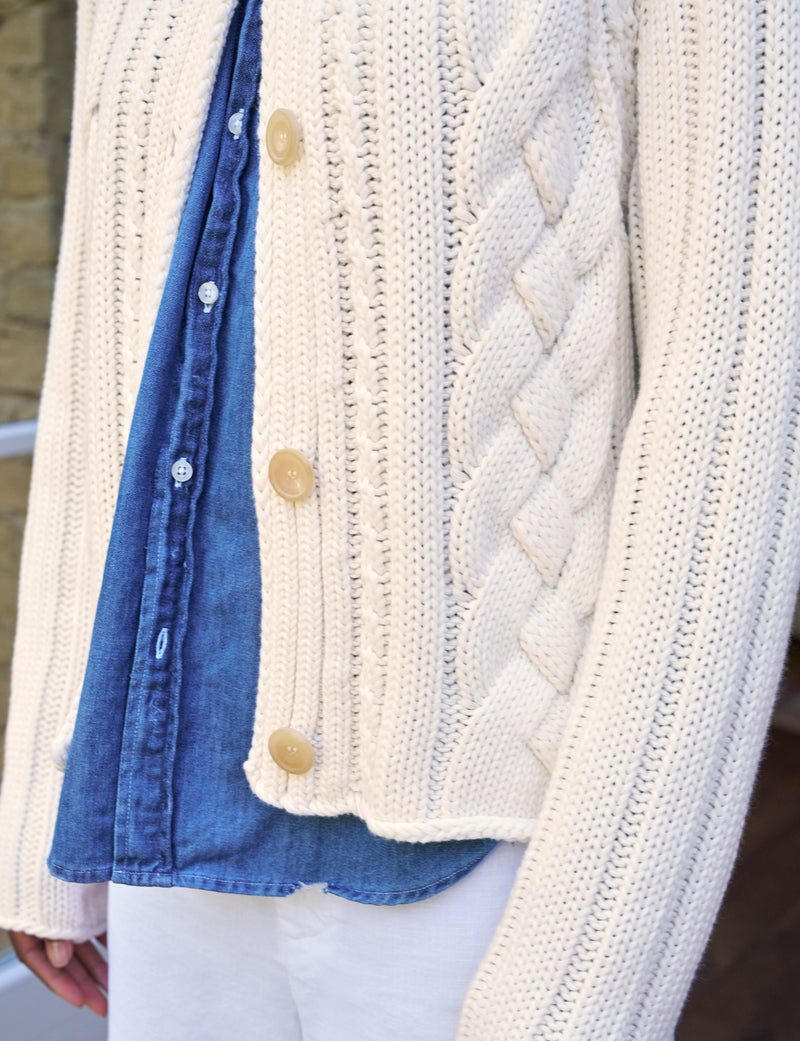 Frank & Eileen Mini Cotswolds 
Cropped Cable Knit Cardigan in Ivory