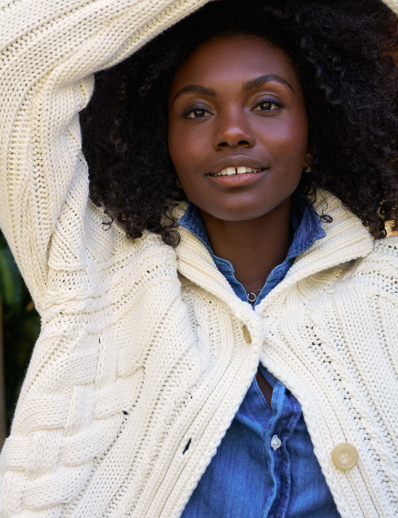 Frank & Eileen Mini Cotswolds 
Cropped Cable Knit Cardigan in Ivory