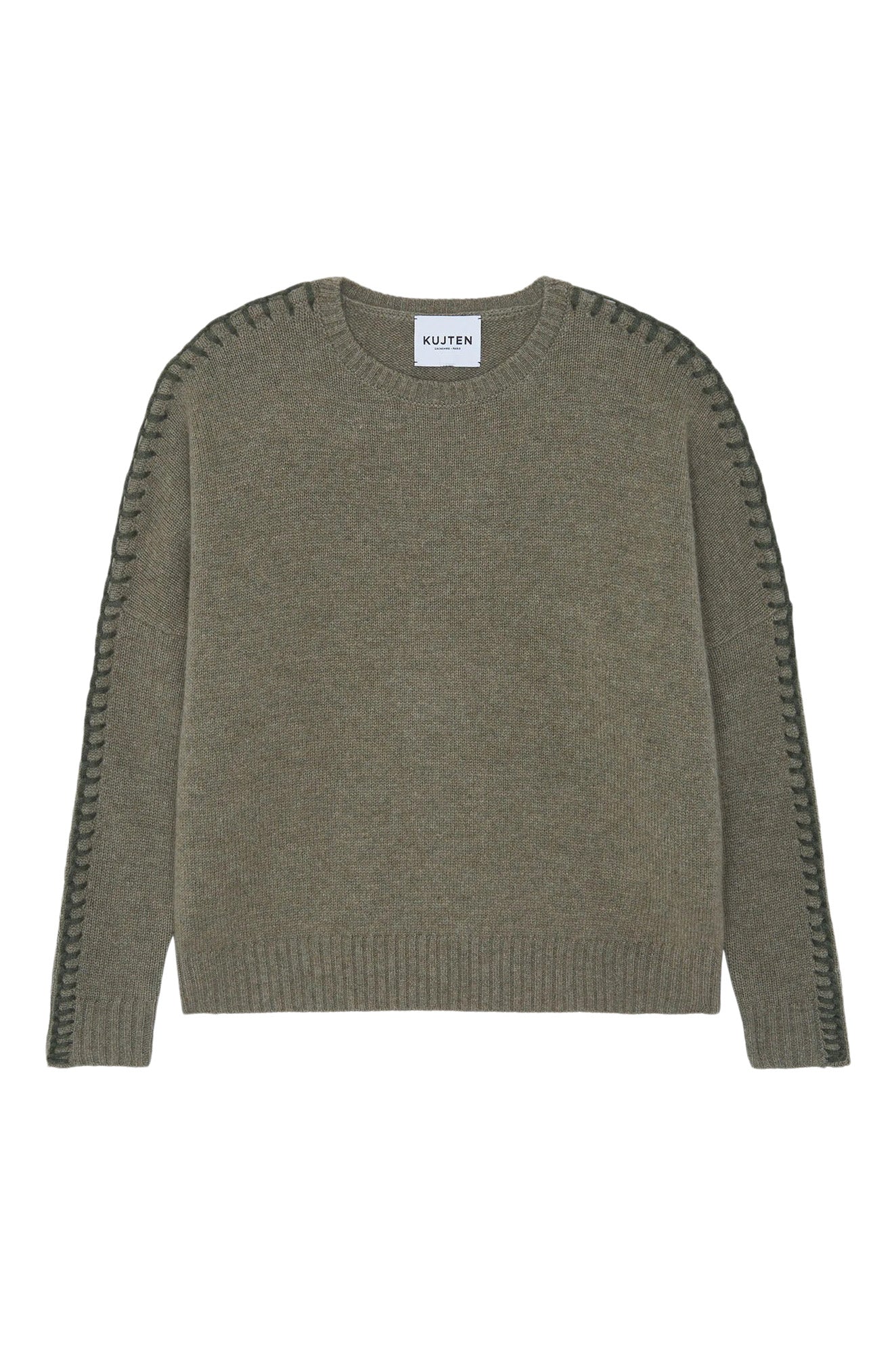 Kujten Amea Crewneck Whipstitch Sweater in Kaki Chine