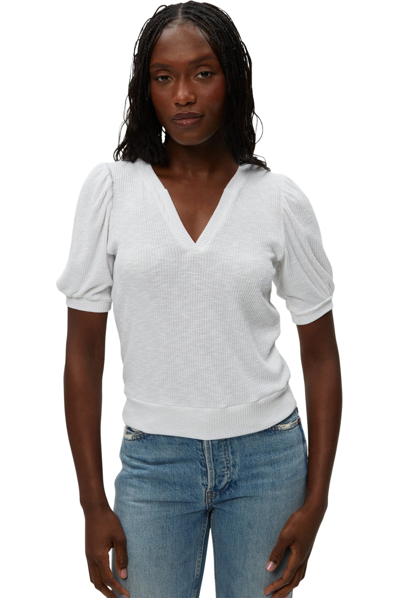 Michael Stars Quinn Puff Sleeve Ribbed Top
 in White