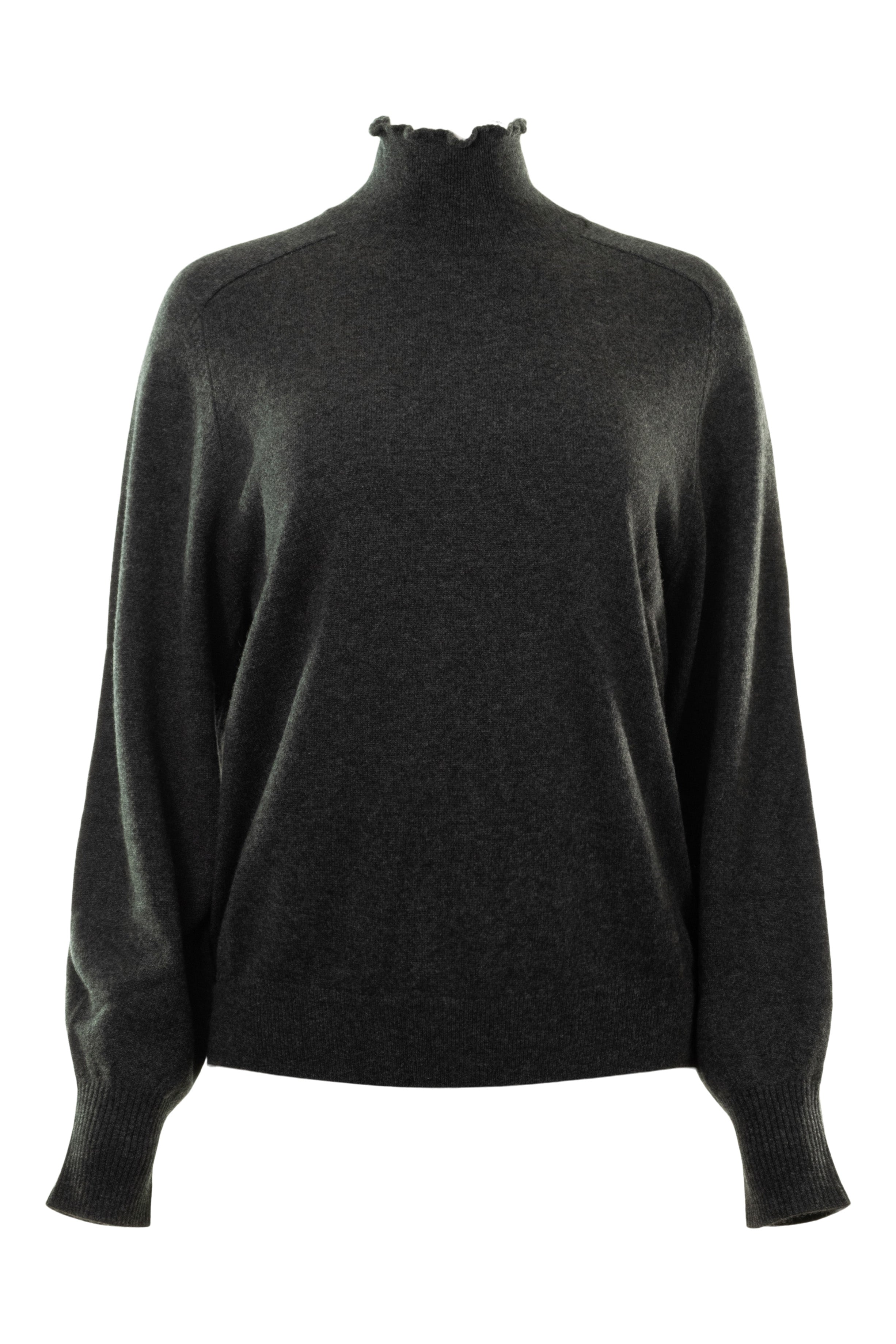 Repeat Cashmere Frilled Edge Mock Neck in Charcoal