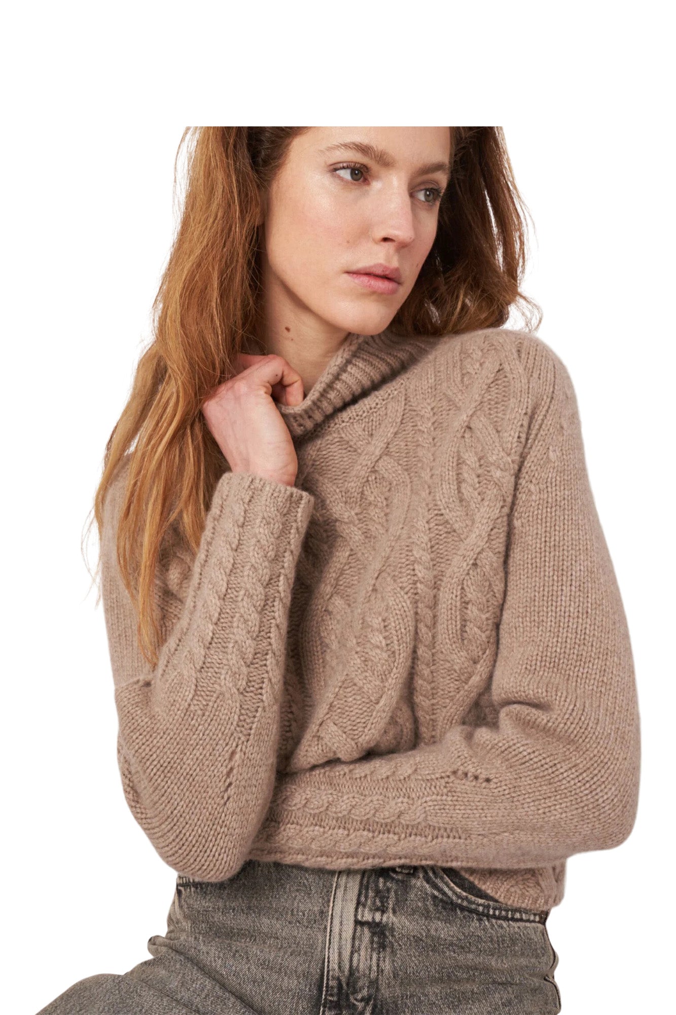 Repeat Cashmere Cropped Cable Knit Cashmere Sweater in Taupe