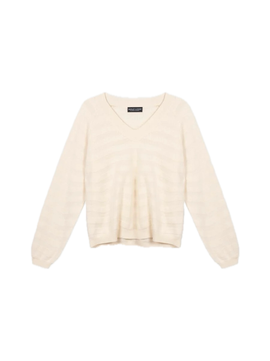 Repeat Cashmere V-neck Sweater with Textured Wavy Stripes in Vanilla