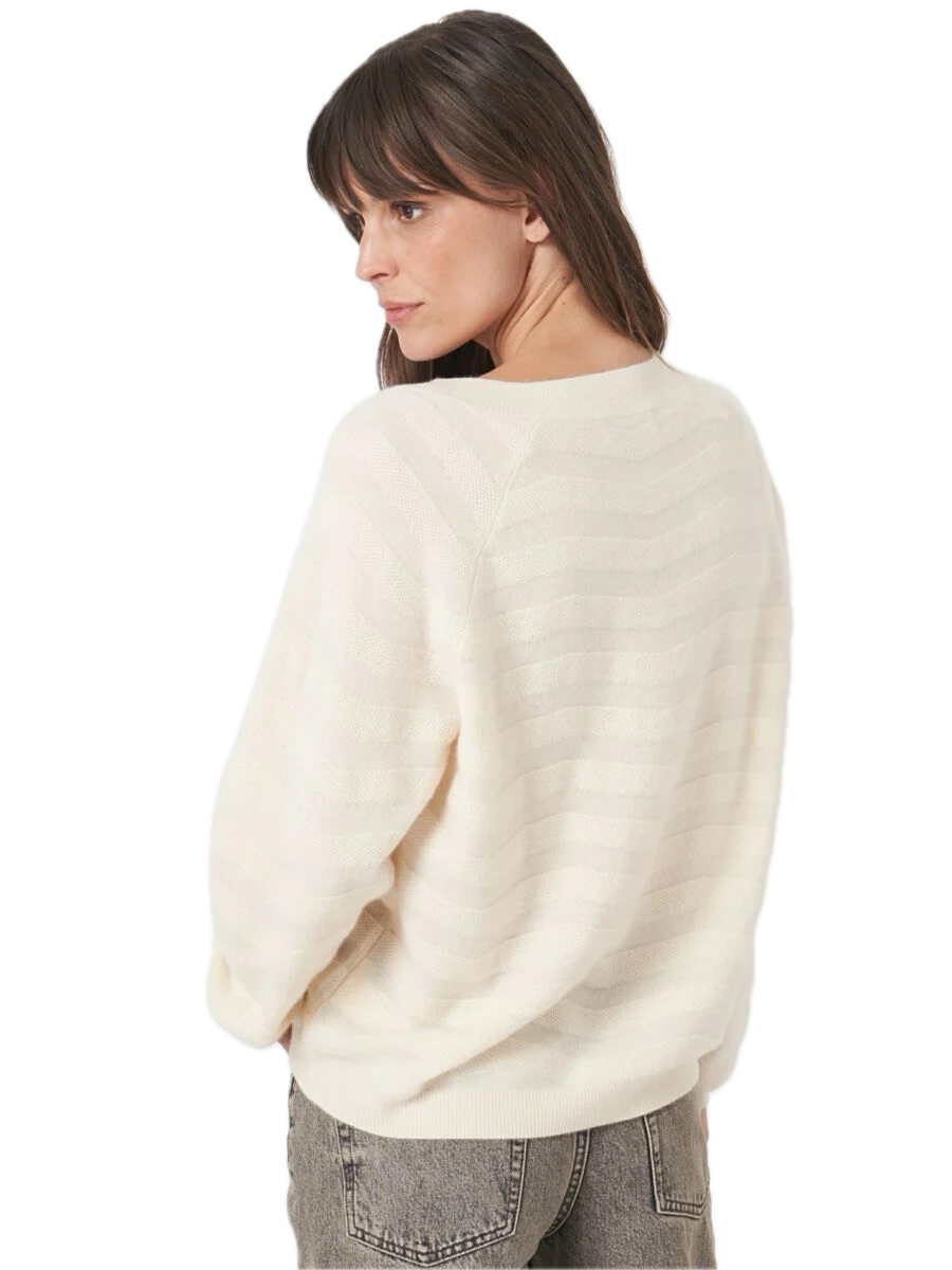 Repeat Cashmere V-neck Sweater with Textured Wavy Stripes in Vanilla