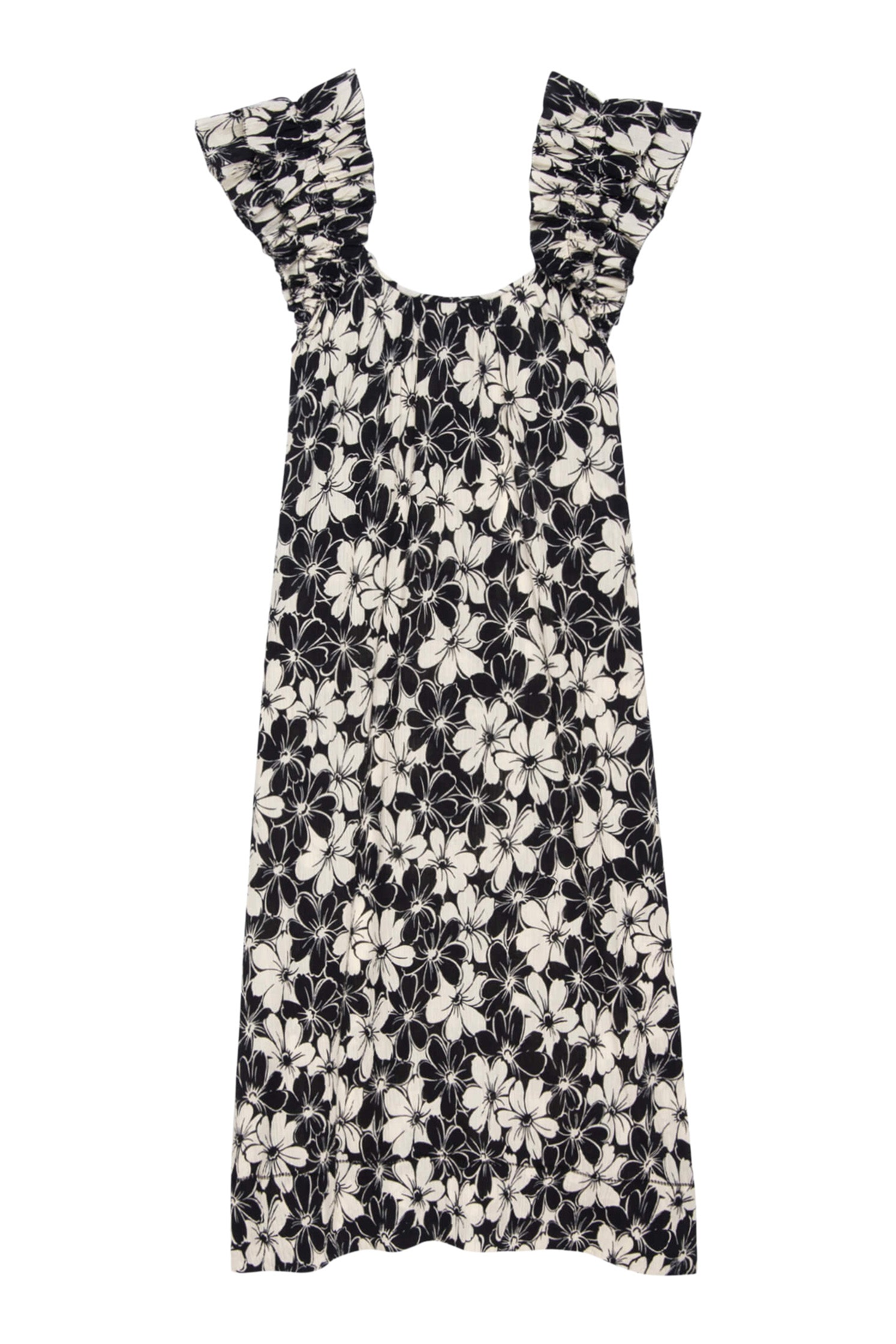 The Great Cascade Dress in Black and Cream Hibiscus Floral