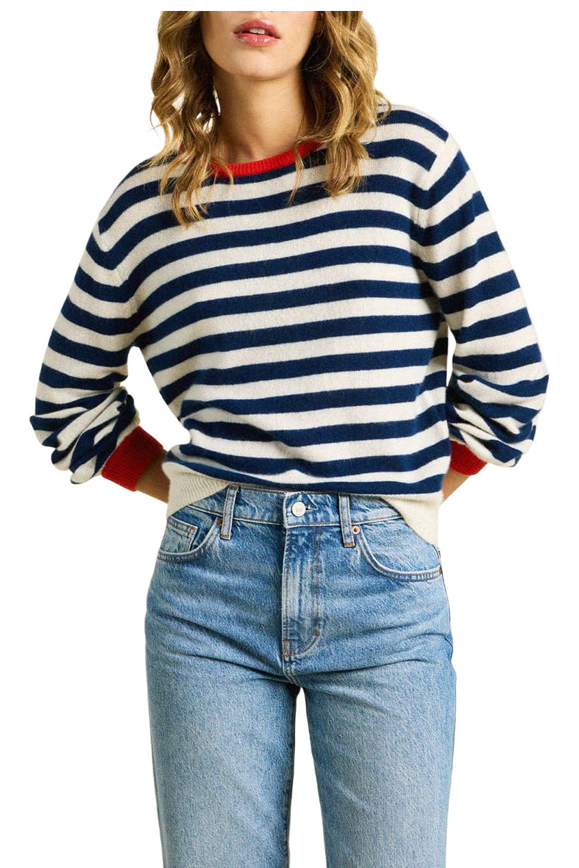 Trovata Birds of Paradis Ryann Sweater in Navy Stripe with Red