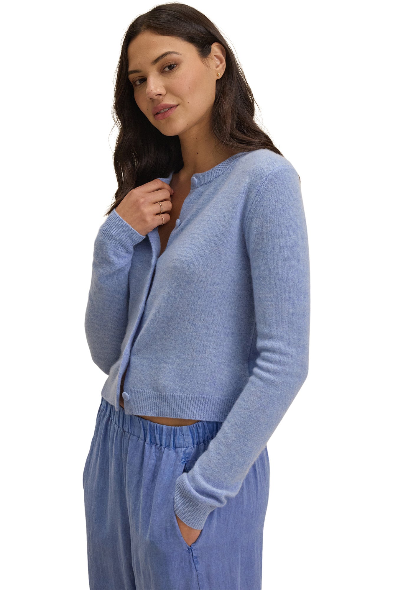 Velvet Chrichet Button Down Cardigan in Sky