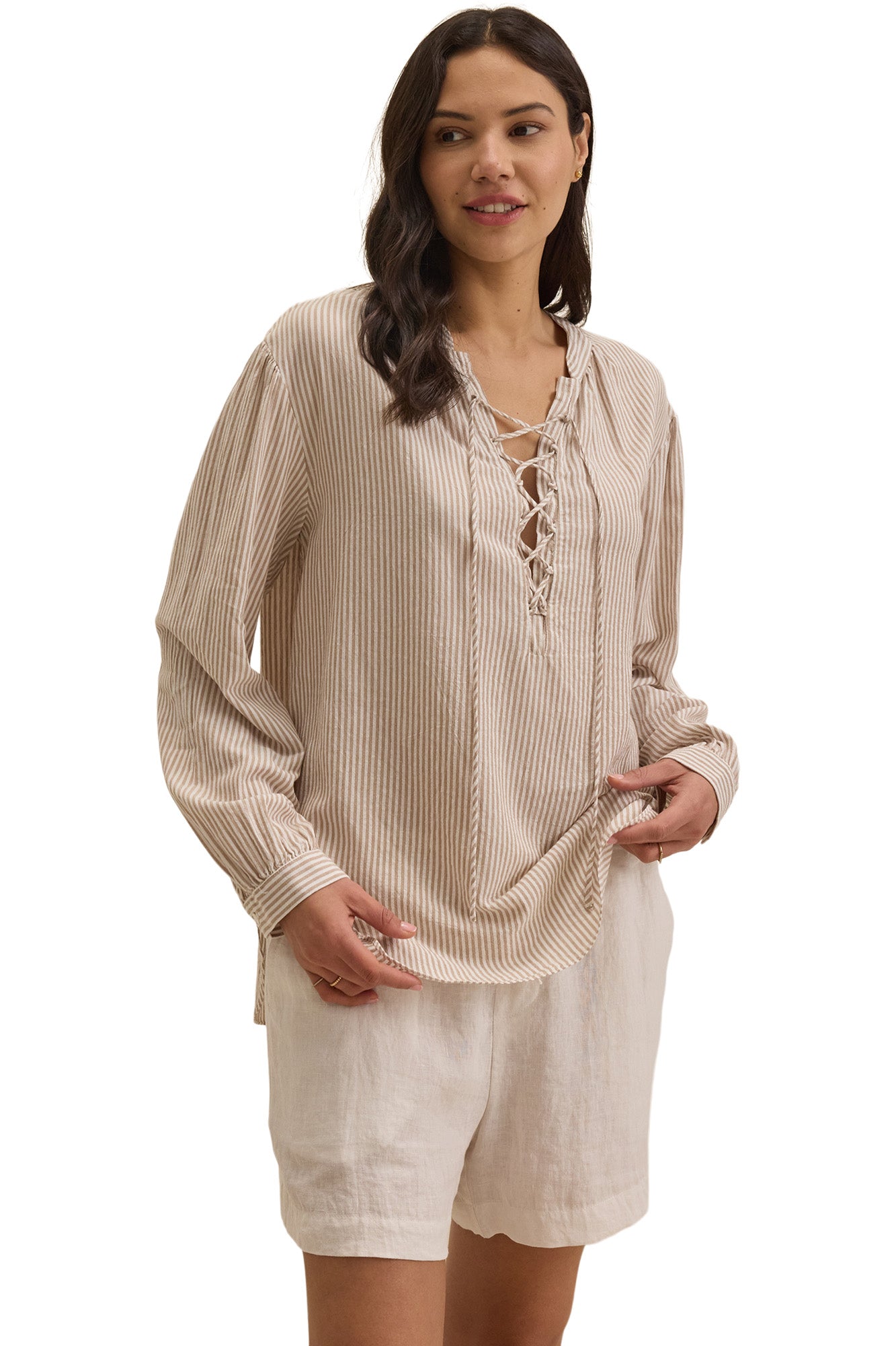 Velvet Deara Cotton Blend Striped Blouse in Oatmeal