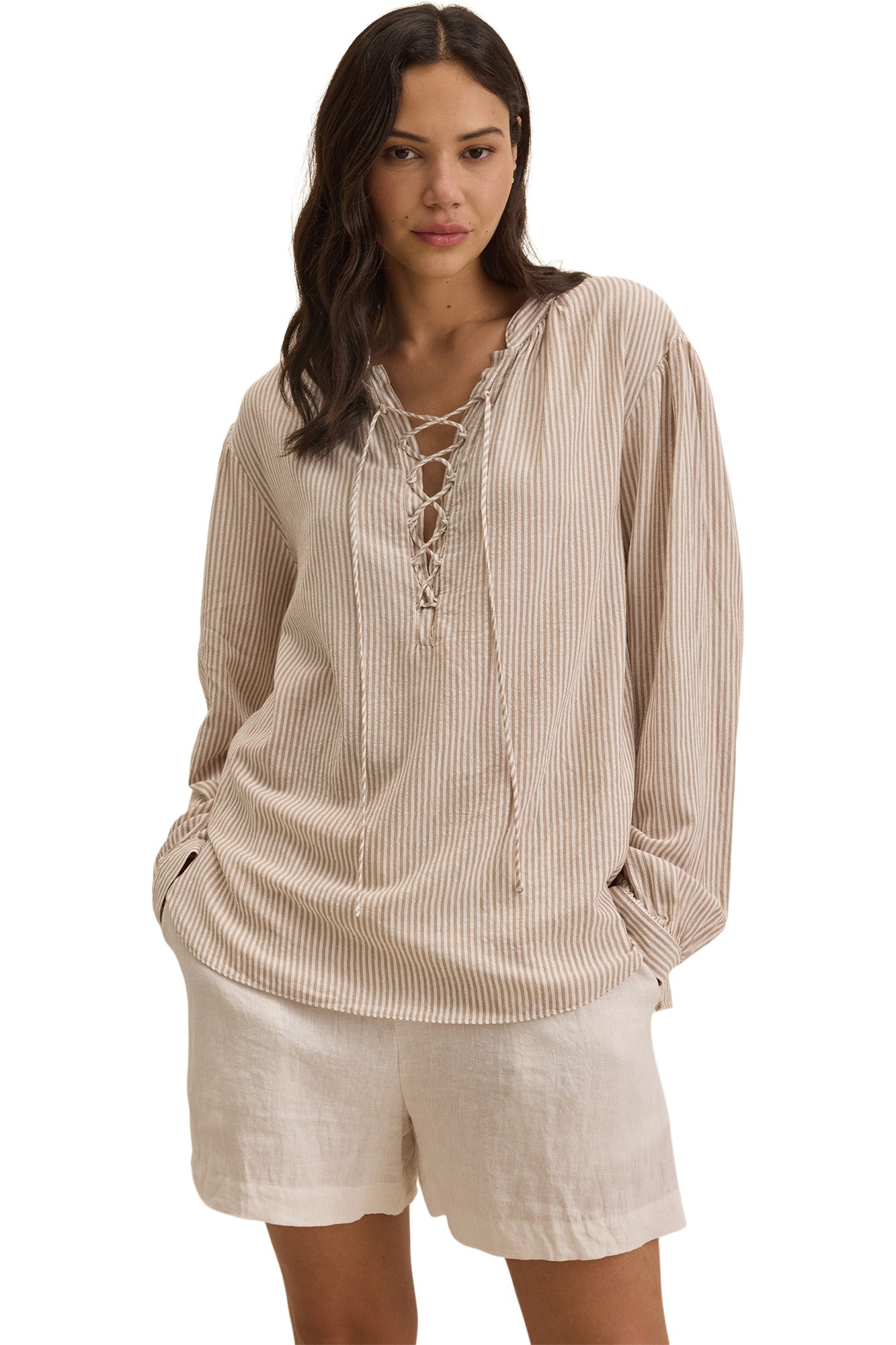 Velvet Deara Cotton Blend Striped Blouse in Oatmeal