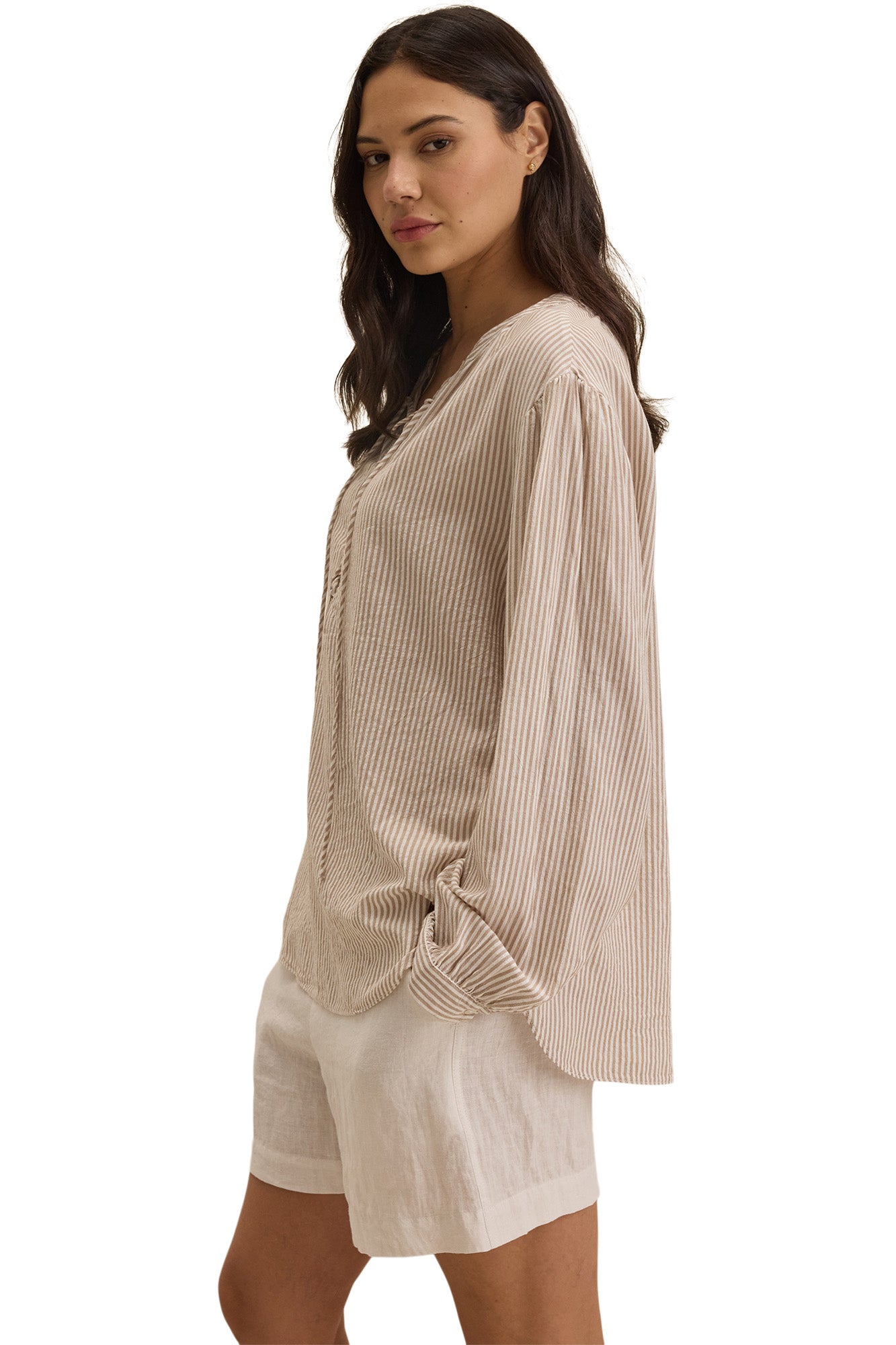 Velvet Deara Cotton Blend Striped Blouse in Oatmeal