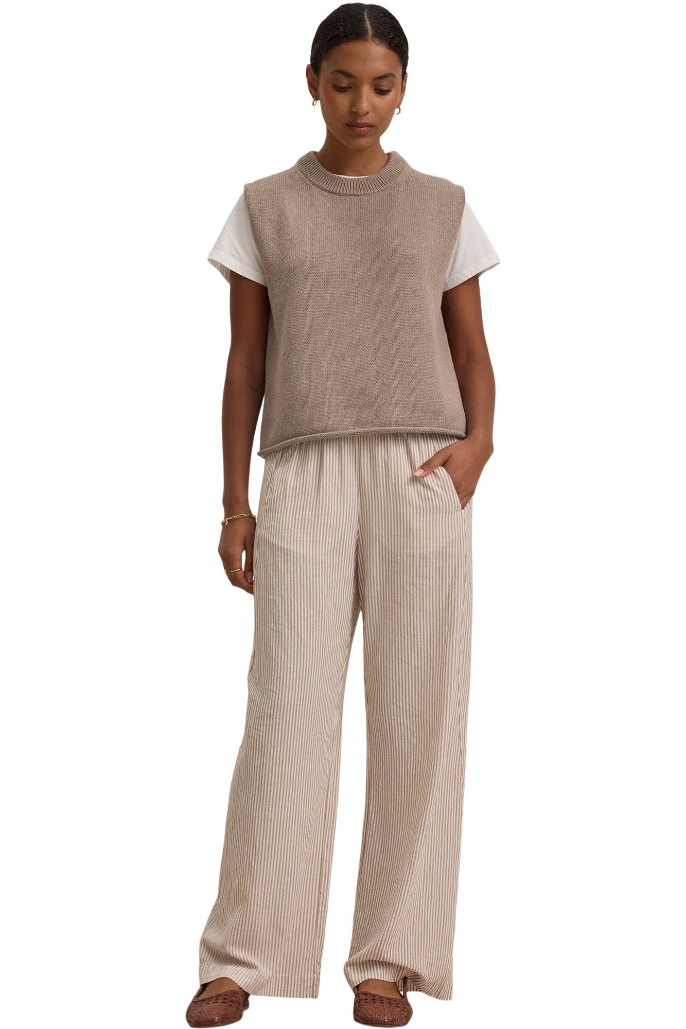 Velvet Kelly Striped Pants in Oatmeal