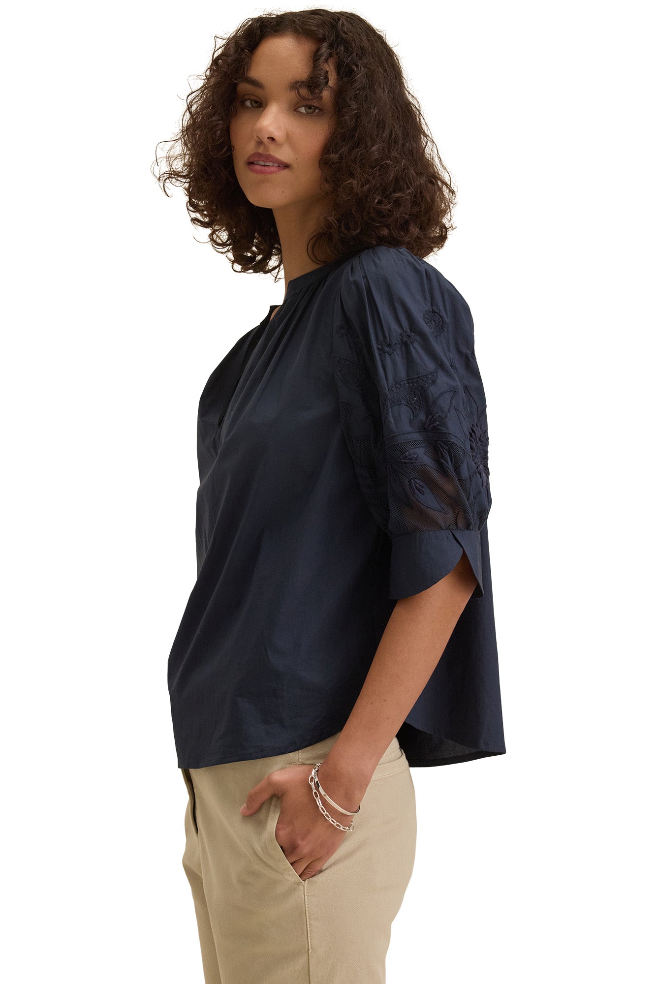 Velvet Laria Sunflower Embroidered Top in Navy