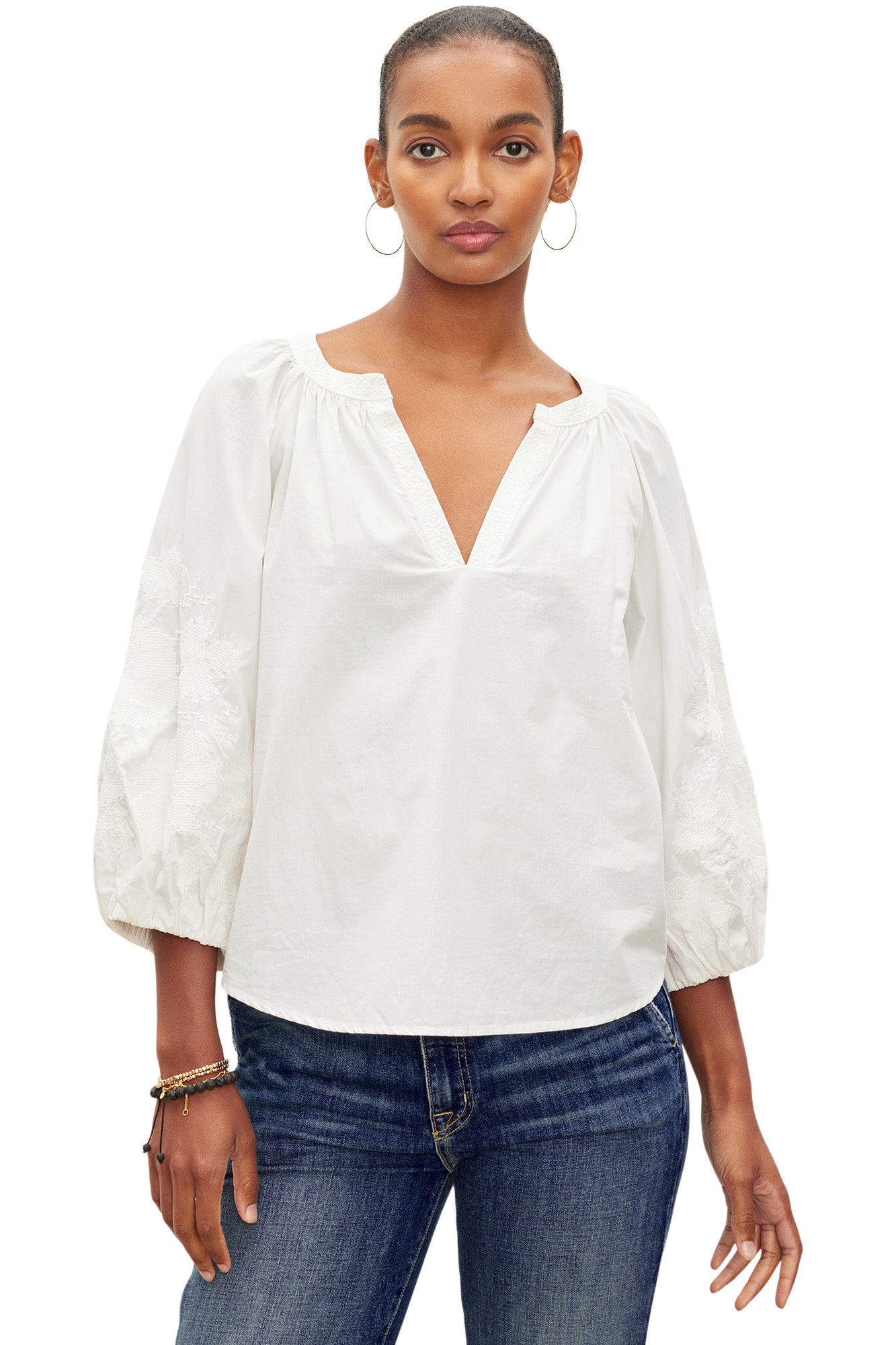 Embroidered Cotton Flared Sleeve Top
