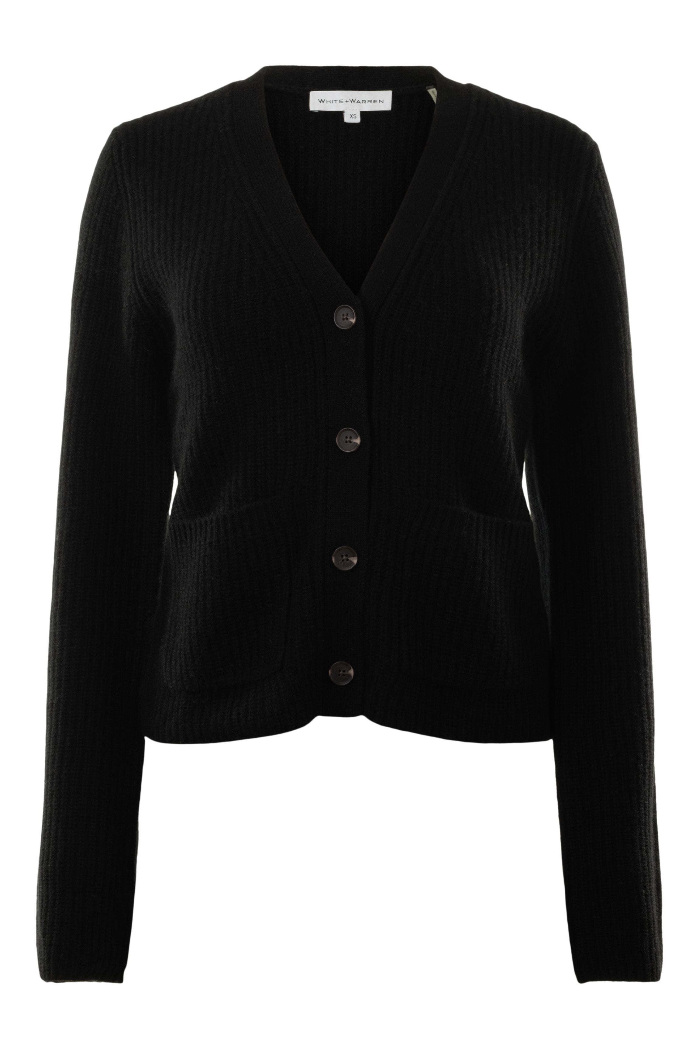 White & Warren Cashmere Fluted Sleeve Cardigan in Black