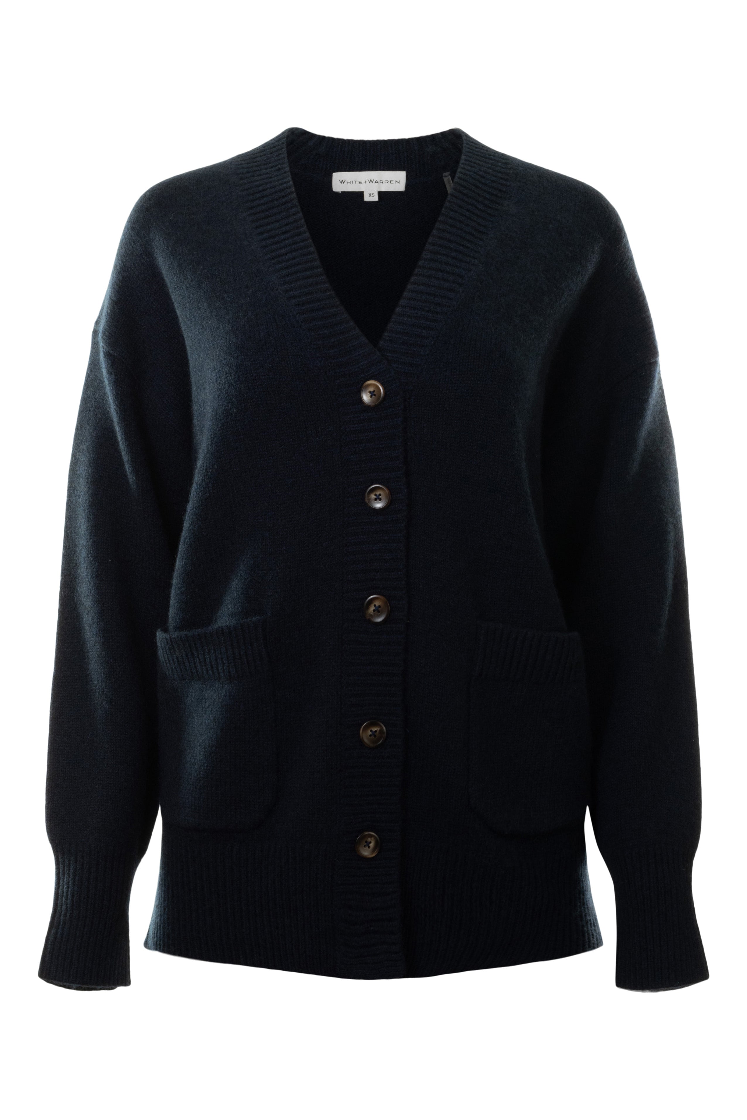 White & Warren Cashmere Pocket Cardigan in Deep Navy