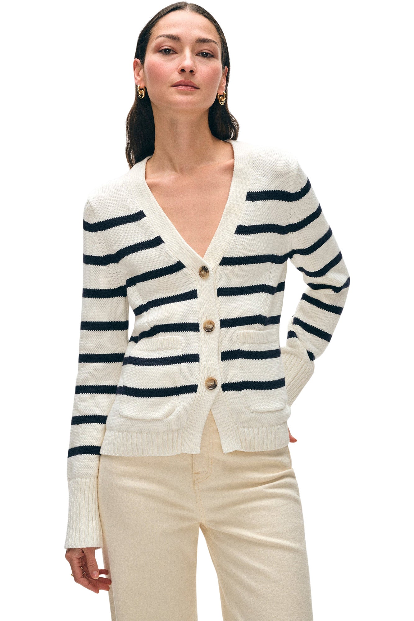 White & Warren Organic Cotton Waisted Cardigan
 in Ivory-Navy