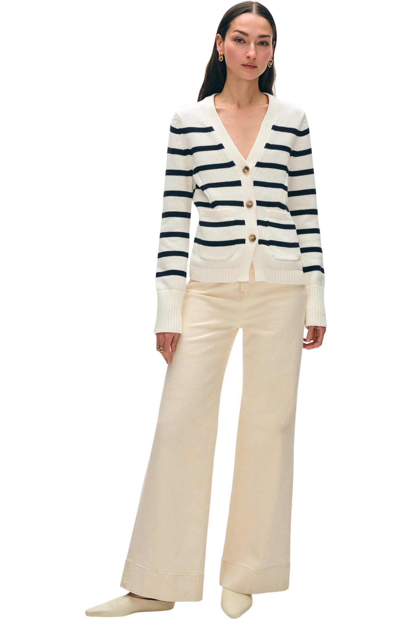 White & Warren Organic Cotton Waisted Cardigan
 in Ivory-Navy