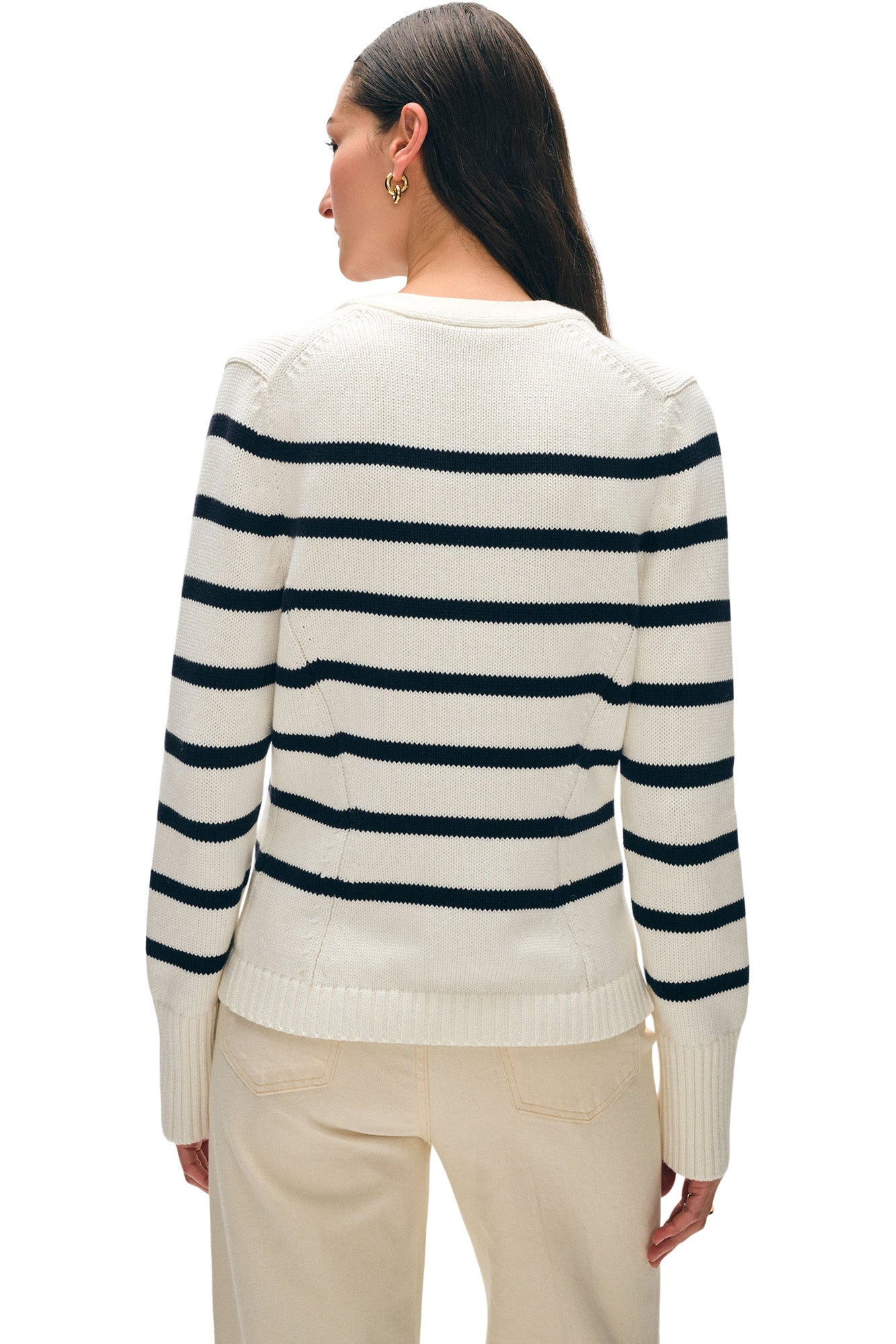 White & Warren Organic Cotton Waisted Cardigan
 in Ivory-Navy